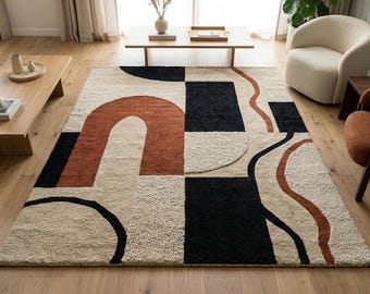 Abstract Geometric Arch Tufted Rug, Cream Black Terracotta Carpet, Living Room Decor