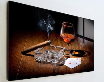 Whiskey and Cigar Glass Art, Poker Night Wall Decor, Man Cave Bar Art, Large Tempered Glass Print, Luxury Gift for Husband or Boss