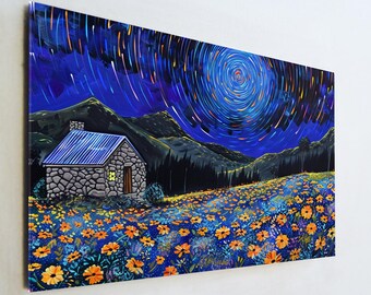 Starry Night Cottage Glass Art, Impressionist Flower Field Wall Decor, Van Gogh Style Landscape Print, Large Tempered Glass Art, Cozy Gift