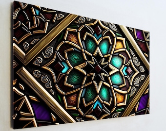 Luxury Geometric Stained Glass Wall Art Tempered Glass Panel Islamic Star Art Moroccan Decor Gold Framed Glass Print Modern Boho