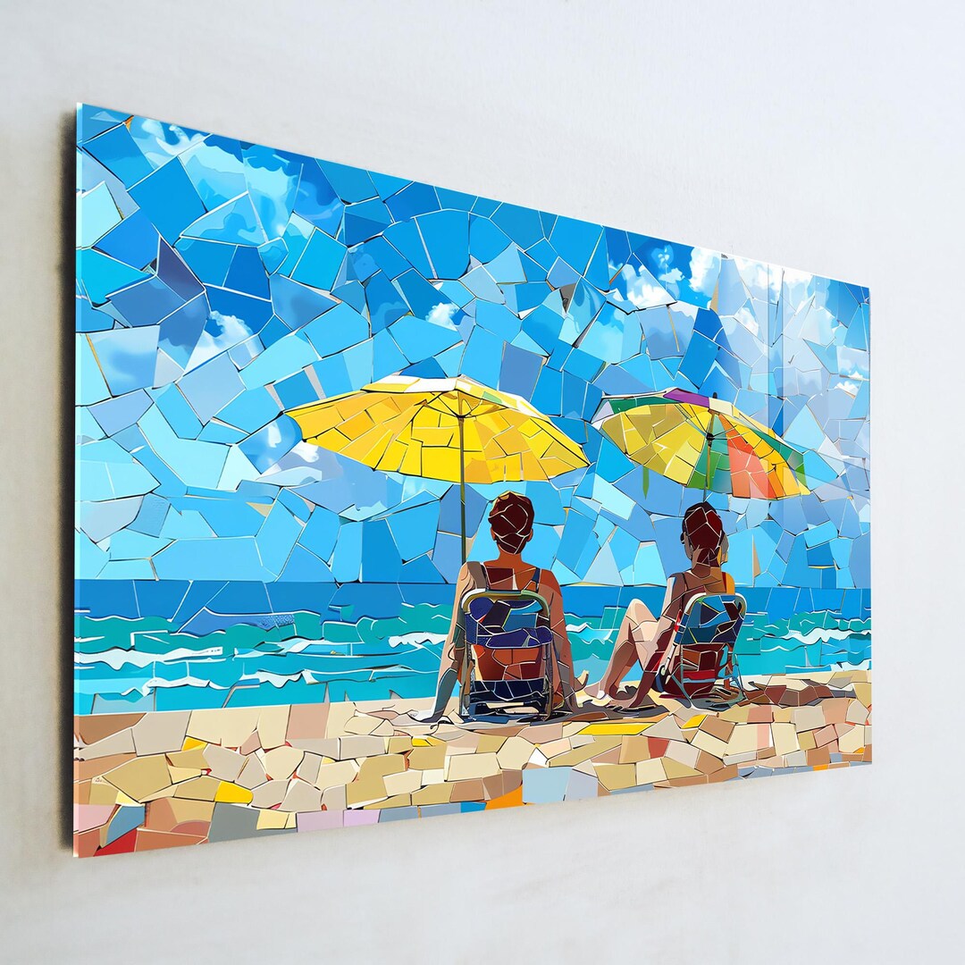 Mosaic Beach Wall Art, Modern Coastal Glass Decor, Abstract Summer ...