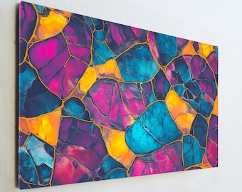 Luxury Abstract Geode Glass Wall Art Colorful Kintsugi Style Agate Print Gold Veined Tempered Glass Decor Modern Office Artwork