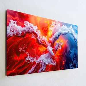 Può includere: Stampa artistica astratta con una composizione dinamica di tonalità rosse e arancioni infuocate, contrastate da toni blu freddi. Forme bianche, simili a nuvole, si intrecciano attraverso i colori vibranti, creando un senso di movimento ed energia. L'opera è montata su una tela rettangolare.