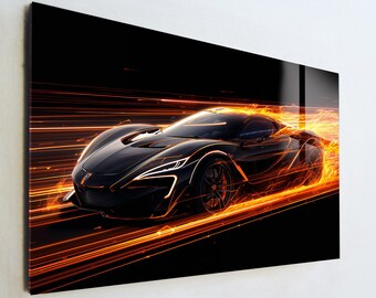 Supercar Fire Glass Art, Racing Sport Car Wall Decor, Futuristic Neon Auto Print, Large Tempered Glass Art, Gamer Room Gift for Him