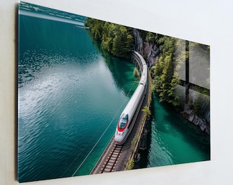 Modern Train Glass Wall Art, Scenic Lake Landscape Wall Decor, Travel Wall Art, Minimalist Nature Wall Art