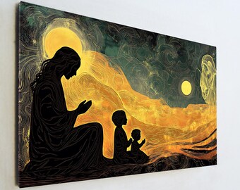 Praying Family Silhouette Glass Art, Mother and Children Wall Decor, Spiritual Sunset Print, Large Tempered Glass Art, Mother's Day Gift