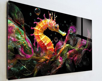 Neon Seahorse Glass Art, Vibrant Ocean Life Wall Decor, Modern Tropical Marine Print, Large Tempered Glass Art, Coastal Home Gift