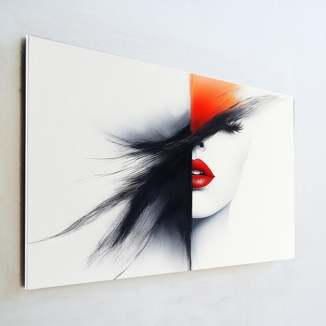 Modern Woman Portrait Glass Art, Abstract Red Lips Wall Decor, Fashion ...
