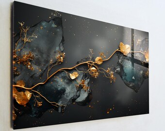 Gold Branch Glass Art, Luxury Dark Teal and Gold Wall Decor, Modern Botanical Abstract Print, Large Tempered Glass Art, Office Gift