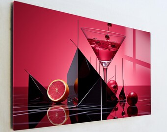 Red Cocktail Glass Wall Art, Modern Bar Decor, Geometric Still Life Art, Kitchen Wall Art, Luxury Red Aesthetic Glass Art