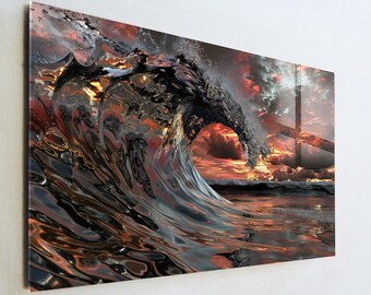 Sunset Ocean Wave Glass Art, Dramatic Sea Landscape Wall Decor, Coastal Nature Print, Large Tempered Glass Art, Beach House Gift
