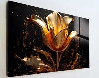 Golden Tulip Glass Art, Luxury Liquid Gold Flower Wall Decor, Modern Floral Abstract Print, Large Tempered Glass Art, Executive Gift