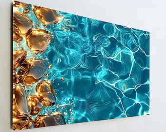 Turquoise Water Glass Art, Liquid Gold Abstract Wall Decor, Modern Pool Surface Print, Large Tempered Glass Art, Luxury Bathroom Gift