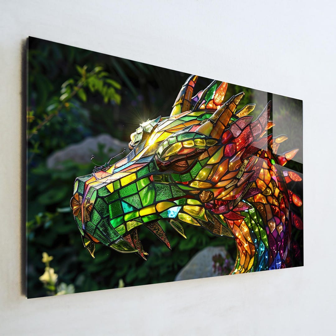 Stained Glass Dragon Wall Art, Rainbow Mosaic Fantasy Decor, Mythical ...