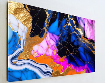 Vibrant Blue and Pink Glass Art, Gold Marble Abstract Wall Decor, Modern Neon Agate Print, Large Tempered Glass Art, Eclectic Home Gift