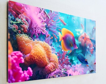 Tropical Coral Reef Glass Art, Colorful Fish Ocean Wall Decor, Marine Life Nature Print, Large Tempered Glass Art, Coastal House Gift