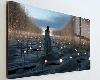 Ethereal Woman Glass Art, Surreal Dreamscape Wall Decor, Glowing Lights Fantasy Print, Large Tempered Glass Art, Mystical Home Gift