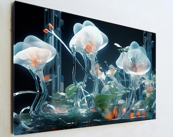 Futuristic Bioluminescent Flowers Tempered Glass Wall Art Large Sci-Fi Cyberpunk Botanical Decor Neon Glossy Tech Plant Home Office
