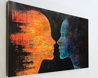 Abstract Soulmates Glass Art, Fire and Ice Face Profile Wall Decor, Modern Orange Blue Print, Large Tempered Glass Art, Anniversary Gift