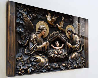 Christmas Nativity Glass Art, Holy Family Wall Decor, Bronze Relief Style Religious Print, Large Tempered Glass Art, Christian Gift