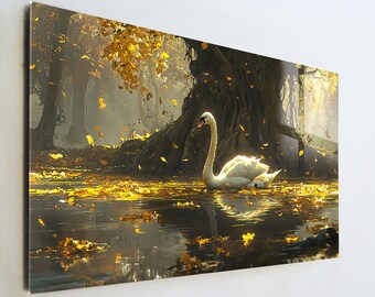 White Swan Glass Art, Golden Autumn Forest Wall Decor, Swan Lake Nature Print, Large Tempered Glass Art, Romantic New Home Gift