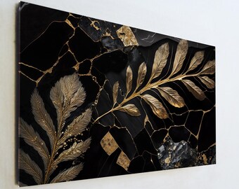 Black and Gold Glass Art, Luxury Marble Botanical Wall Decor, Gold Leaf Kintsugi Print, Large Tempered Glass Art, Executive Office Gift