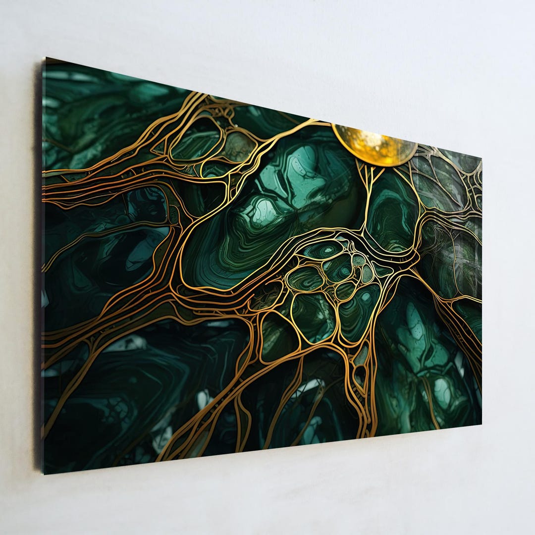 Emerald Green and Gold Glass Wall Art, Abstract Liquid Marble Tempered ...