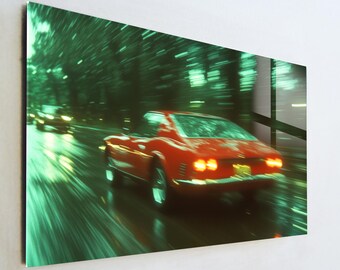 Classic Red Sport Car Glass Art, Motion Blur Night Street Wall Decor, Vintage Muscle Car Print, Large Tempered Glass Art, Car Lover Gift