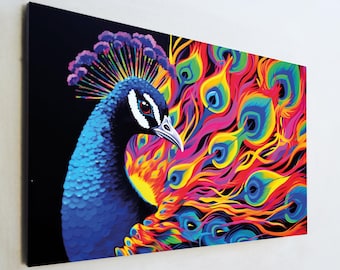 Vibrant Peacock Glass Art, Psychedelic Animal Wall Decor, Colorful Pop Art Print, Large Tempered Glass Art, Modern Maximalist Gift