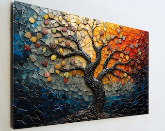 Tree of Life Tempered Glass Wall Art Mosaic Style Colorful Abstract Tree Decor Large Glass Printing Vibrant Nature Living Room