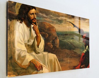 The Temptation of Christ Glass Art, Jesus in the Wilderness Wall Decor, Christian Religious Print, Large Tempered Glass Art, Spiritual Gift