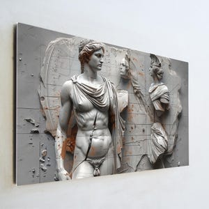 May include: A gray and white relief sculpture depicting classical figures. The artwork features a central male figure with draped fabric, and two other figures in the background. The sculpture has a distressed, aged appearance with visible cracks and rust-colored accents.