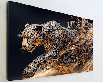 Jeweled Leopard Glass Art, Luxury Gold Leopard Wall Decor, Wild Cat Abstract Print, Large Tempered Glass Art, Executive Office Gift