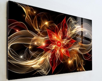 Abstract Red Flower Glass Art, Gold Fractal Wall Decor, Modern Fire Flower Print, Large Tempered Glass Art, Luxury Living Room Gift
