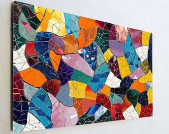 Colorful Mosaic Glass Art, Modern Ceramic Tile Wall Decor, Gaudi Style Abstract Print, Large Tempered Glass Art, Vibrant Living Room Gift