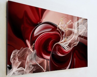 Abstract Burgundy Glass Art, Modern Red and Gold Wall Decor, Fluid Silk Texture Print, Large Tempered Glass Art, Luxury Office Gift