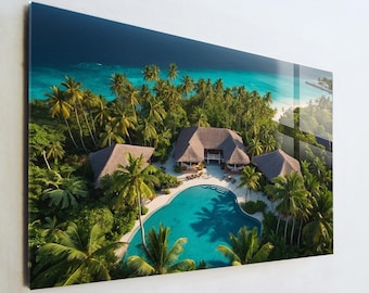Tropical Paradise Glass Art, Luxury Island Resort Wall Decor, Exotic Beach House Print, Large Tempered Glass Art, Summer Vacation Gift