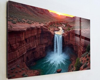 Grand Canyon Waterfall Glass Art, Red Rock Canyon Wall Decor, Southwest Landscape Print, Large Tempered Glass Art, Nature Lover Gift