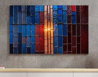 Abstract Stained Glass Brick Art, Blue and Red Geometric Wall Decor, Modern Industrial Mosaic Print, Large Tempered Glass Art, Loft Decor