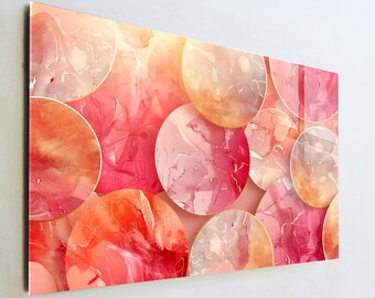 Blush Pink Abstract Glass Art, Gold Framed Circle Wall Decor, Peach and Coral Alcohol Ink Print, Large Tempered Glass Art, Modern Gift