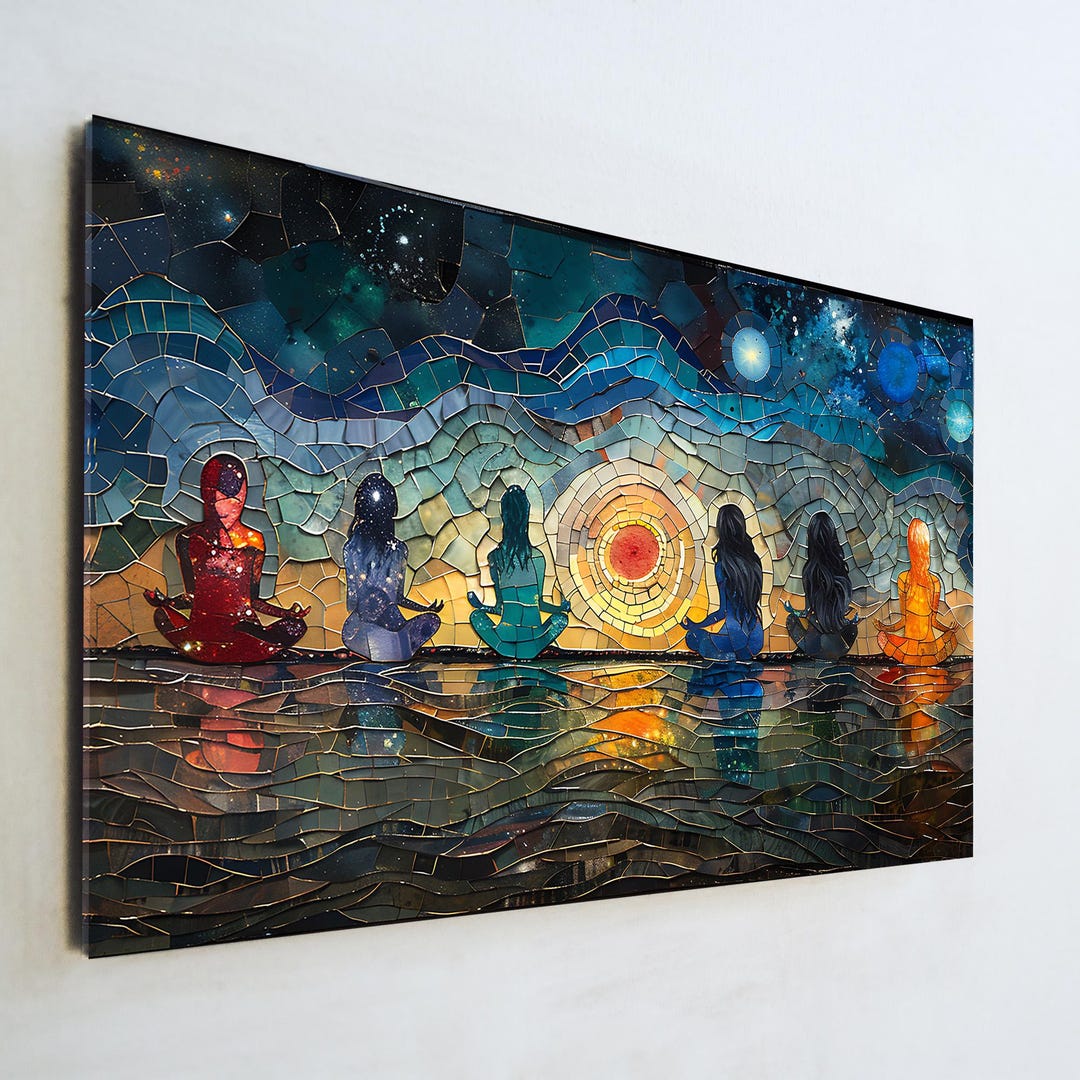 Modern Zen Mosaic Glass Wall Art Serene Meditating Figures Celestial ...