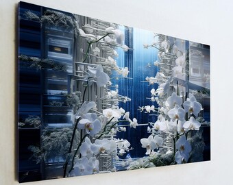 White Orchid Glass Art, Futuristic Botanical Wall Decor, Modern Zen Blue Light Print, Large Tempered Glass Art, Luxury Office Gift