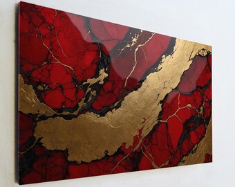 Abstract Red and Gold Glass Art, Luxury Marble Texture Wall Decor, Modern Crimson Gold Leaf Print, Large Tempered Glass Art, Office Gift
