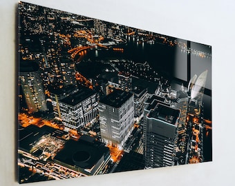 Modern City Skyline Glass Art, Night Metropolis Wall Decor, Urban Port City Lights Print, Large Tempered Glass Art, Executive Office Gift