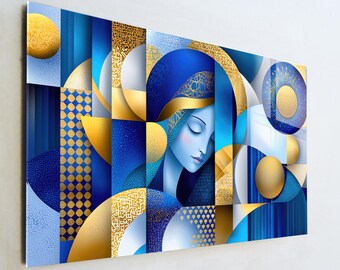 Abstract Madonna Glass Art, Modern Geometric Portrait Wall Decor, Royal Blue and Gold Print, Large Tempered Glass Art, Spiritual Gift