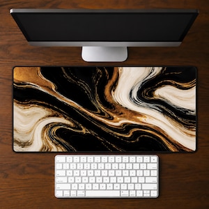 Aurum Eclipse Desk Mat, Black Gold Marble Mouse Pad, Large Gaming Office Decor