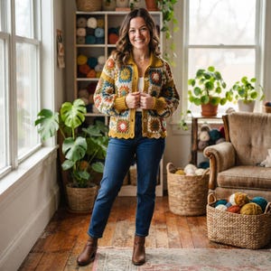 May include: A crochet cardigan featuring a multi-colored granny square pattern in shades of mustard yellow, white, blue, and rust. The garment has a collared neckline, long sleeves with ribbed cuffs, a button-down front, and dark blue denim jeans.