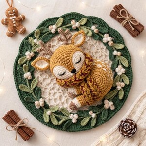 May include: A crocheted circular wreath featuring a sleeping fawn in the centre, surrounded by green leaves and white berries. The fawn wears a textured scarf. Nearby are a crocheted gingerbread man, cinnamon sticks, and a pinecone.