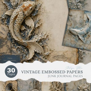 Op de afbeelding: Een collectie van 30 vintage reliëfpapieren voor junk journals met gestructureerde reliëfontwerpen van een koikarper, walvis, vlinder, bus en grammofoon in tinten blauw, crème en bruin met verouderde papiertexturen en gedrukte tekst.