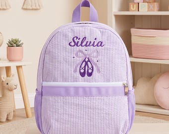 Personalized Seersucker Ballet Backpack Embroidered Name School Book Bag for Toddler Girls Dance Class